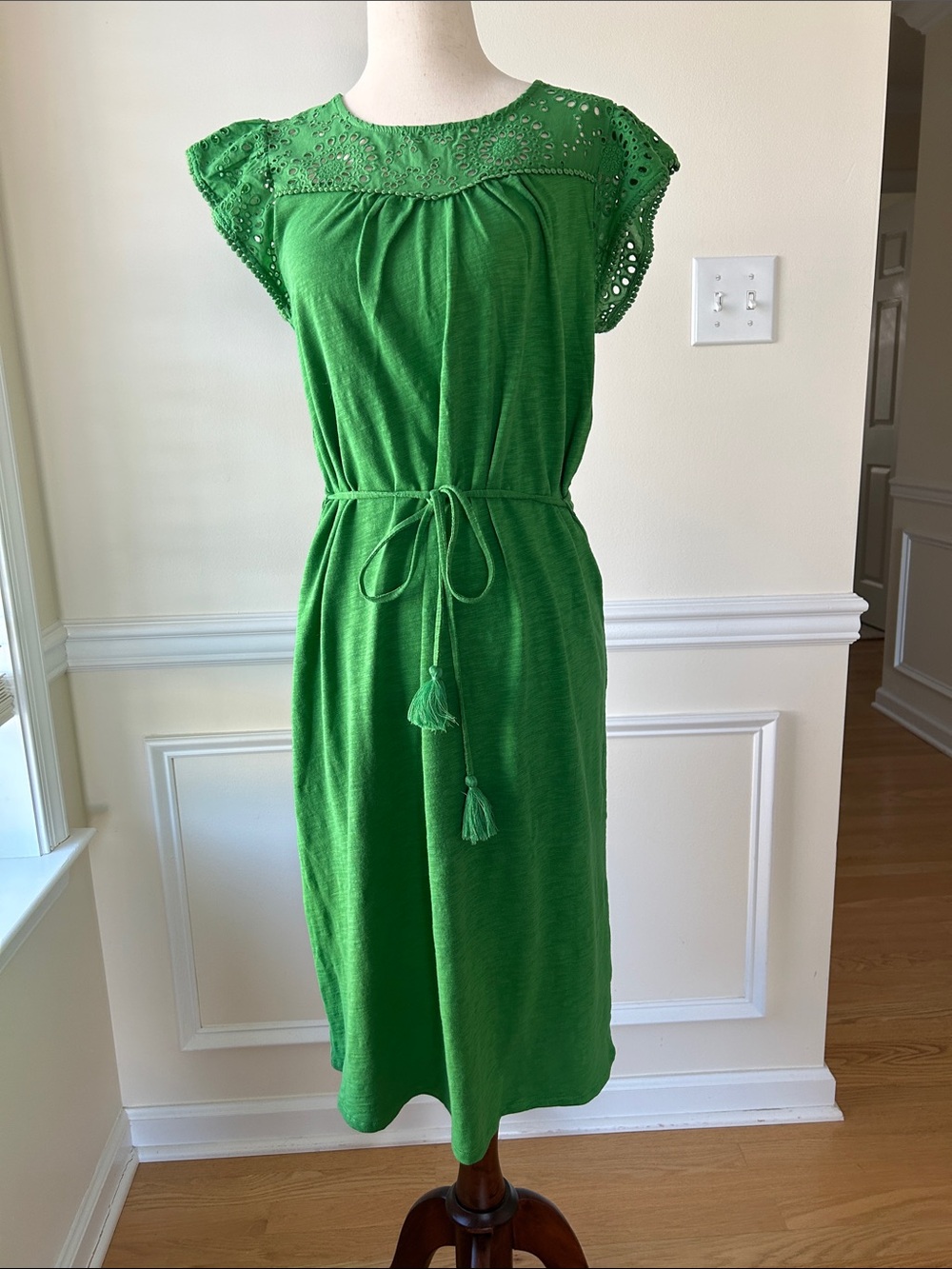 Boden Green Eyelet Knit Midi Dress with Tassel Waist